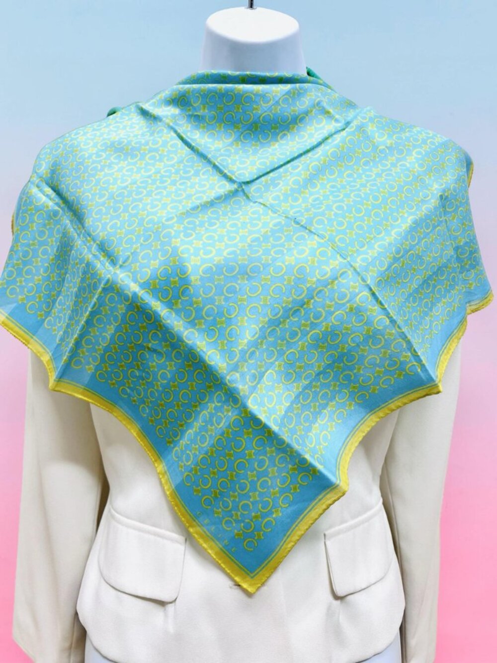 New  Celine Paris Mini Scarf 19.5" Cotton/Silk Teal Blue Green Gold Logo "C" (88